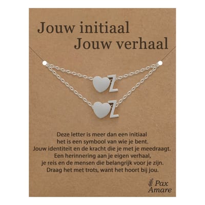 Letter Z ketting + armband set op Cadeau Kaartje - Jouw initiaal, jouw verhaal - Zilverkleurig Stainless Steel - Initiaal & Hartje Hanger - Pax Amare