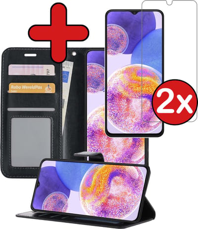 Hoesje - Met 2x Screenprotector - Geschikt voor Samsung Galaxy A23 - Luxe Pasjeshouder - Flip Case - Bookcase Portemonee - Kunstleer Book Case - Flipcase Hoes - Book Cover - Walletcase - Portemonneehoes - Telefoonhoes - Zwart