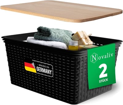 Novaliv set van 2 elegante opbergmanden met houten deksels in rotanlook | Zwarte voedselveilige kunststof 14L? Ideaal voor het opbergen van kleding en in de badkamer. Opbergbox badkamermand.