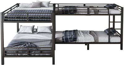 Merax Metalen Stapelbed 90x200 cm en 140x200 cm - Stabiel Bed met Houten Lattenbodem - Drie-traps Ladder - Geschikt voor Kinderen en Volwassenen - Zwart (Zonder Matras)
