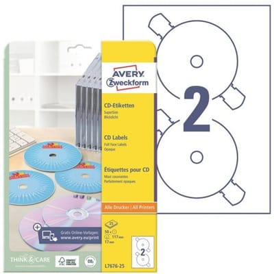 Avery-Zweckform L7676-25 CD-etiketten Ø 117 mm Papier Wit 50 stuk(s) Permanent hechtend Inkjet, Laser (zwart/wit), Laser (kleur), Kopiëren