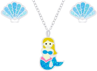 Joy|S - Zilveren zeemeermin hanger met ketting en schelp oorbellen - set voor kinderen