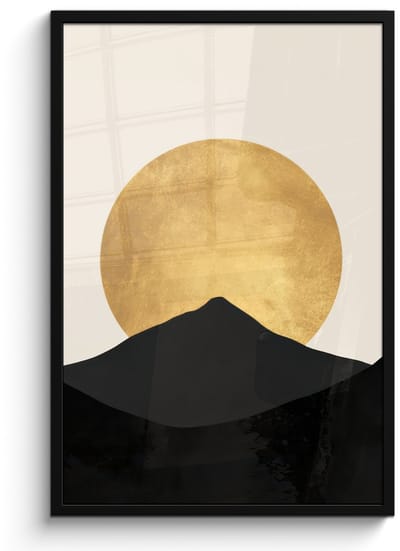 Poster in lijst - Fotolijst 60x90 cm - Posters - Bergsilhouetten - Gouden cirkel - Beige - Posterlijst zwart - Decoratie - Wanddecoratie woonkamer - Muurdecoratie slaapkamer