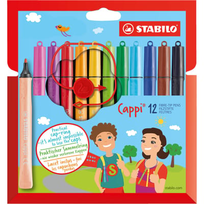 STABILO Cappi - Viltstift - Nooit Meer Je Dop Kwijt Dankzij De Dopring - Etui Met 12 Kleuren + 1 Dopring