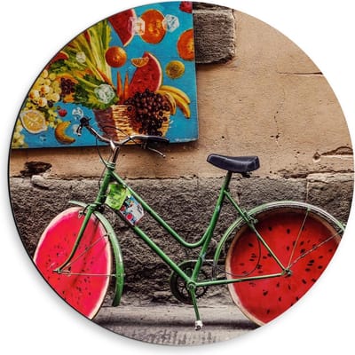 Dibond Wandcirkel - Watermeloenfiets tegen Muur - 50x50cm Foto op Aluminium Wandcirkel (met ophangsysteem)