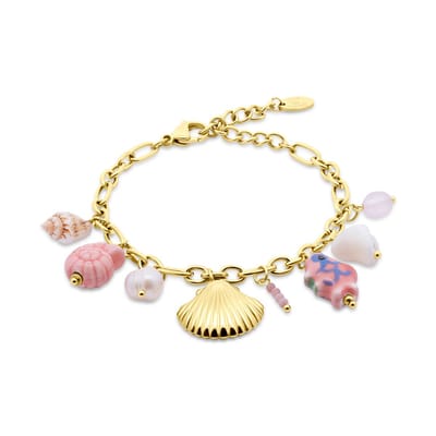 CO88 Collection 8CB-91405 – Armband Dames – Schelp & Zee Bedels – Roze – Goudkleurig – RVS – 17+4 cm – Cadeau voor Vrouwen
