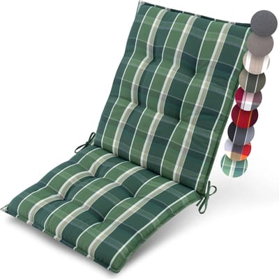 Beautissu Sun-NL – Premium Lage Rugleuning Kussen 100x50 cm – UV-bestendig & 8cm Dik Kussen Tuinstoelkussen Antislip Bevestigingsbanden – Stevige Stof Groen Ruit Gestreept