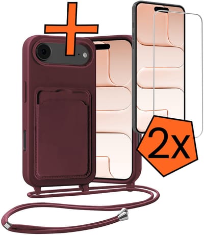 Hoesje Geschikt voor iPhone Air Hoesje Met Telefoonketting Pasjeshouder Case Met 2x Screenprotector Koord - Hoesje Geschikt voor iPhone Air Hoes Met Kaarthouder - Aubergine