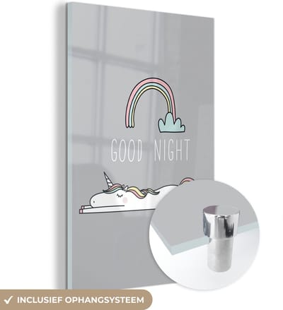 MuchoWow® Glasschilderij 120x180 cm - Schilderij acrylglas - Unicorn - Regenboog - Kinderen - Quotes - Good night - Meisjes - Foto op glas - Schilderijen