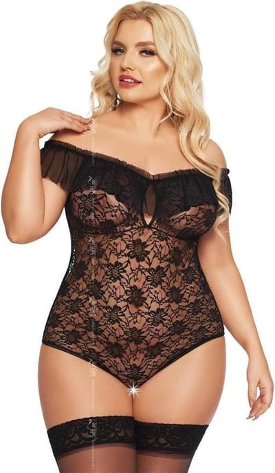 Softline - Kamila - Dames Lingerie Plus Size - Kanten Jurkje - Super Strakke Doorschijnende Chemise - Sexy Kanten Lingerie Set met Bloemen - Grote Maat - Uitdagende Bodystocking - Erotisch Setje - Zwart - XL