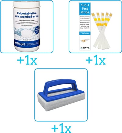 Zwembad Onderhoudspakket - Onderhoud Zwembad - bevat Chloor - Testrips en Scrubborstel (3-delig)
