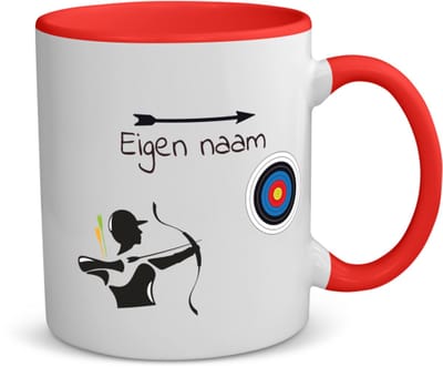 Akyol - boogschieten met eigen naam - koffiemok - theemok - rood - Sport - boogschieters - cadeau - verjaardag - geschenk - gepersonaliseerde jongens en meisjes - 350 ML inhoud