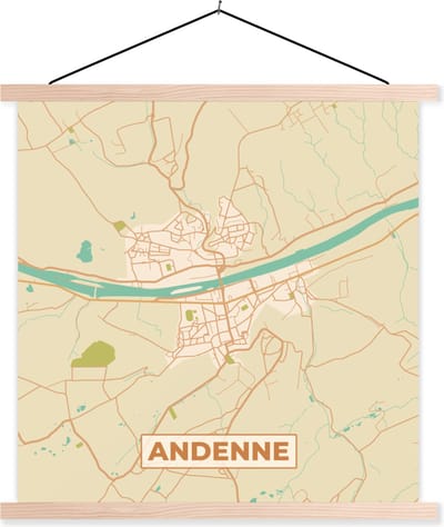 Posterhanger incl. Poster 40x40 cm - Schoolplaat - Plattegrond - Kaart - Stadskaart - Vintage - Andenne - Textielposter - Blanke latten - Stadskaart