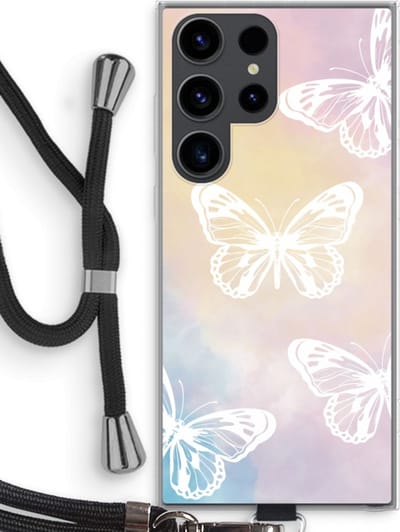 Case Company® - Hoesje met koord geschikt voor Samsung Galaxy S23 Ultra hoesje met Koord - White butterfly - Telefoonhoesje met Zwart Koord - Bescherming aan alle Kanten en Over de Schermrand