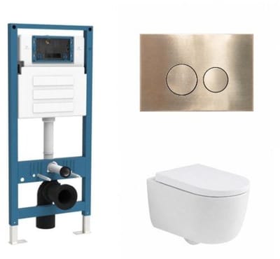 QeramiQ Dely Swirl Toiletset - inbouwreservoir Qeramiq Flush - 35mm zitting - metaal messing geborstelde bedieningsplaat - ronde knoppen - mat wit