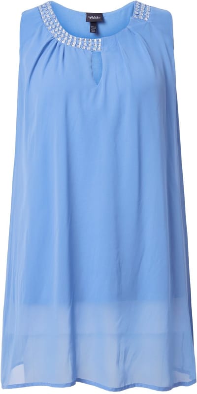 Ulla Popken - Dames - Lange tuniek siersteentjes A-lijn ronde hals mouwloos - Middenblauw - Maat 42+