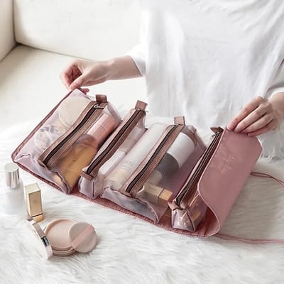Luxe Roze Make-up Reistas + Blender Spons - 4-in-1 Organizer - Toilettas - Etuis - Hangende Make-up Tas - Etui - Opbergtas voor Toiletartikelen - Ophangbaar en Multifunctioneel - Cosmetica Opbergen - Reisaccessoires Beauty Essentials - Opbergtas