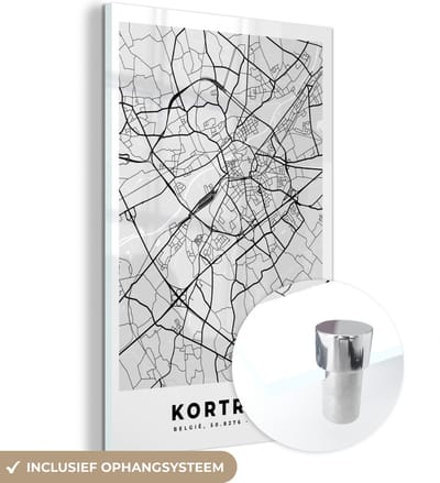 MuchoWow® Glasschilderij 120x180 cm - Schilderij acrylglas - België – Kortrijk – Stadskaart – Kaart – Zwart Wit – Plattegrond - Foto op glas - Schilderijen