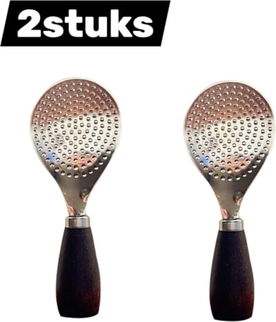 Set van 2 - Verticale rijstlepel - Houten handvat - Rijstlepel van roestvrij staal - Houten handvat voor huishoudelijke rijstkoker - Antiaanbakrijstlepel - Ronde kop - Zilver