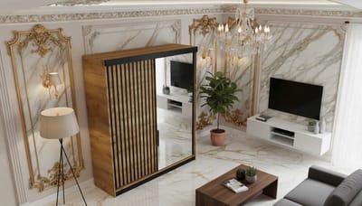 Schuifdeurkast Casa Velluto Malani Deluxe 138 – Luxe Kledingkast met Spiegel – Moderne Garderobekast voor Slaapkamer en Woonkamer – Eiken Ambacht Goud – 138x205x59 cm – Ruime Opbergkast en Minimalistisch Design