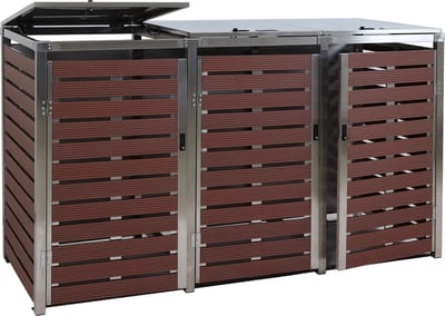 3 afvalemmerbehuizing MCW-K14, afvalemmerbox, 120x200x85cm WPC roestvrij staal 104kg ~ walnoot hout look
