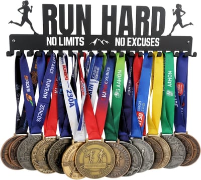 Janse® Medaille rek run hard - Medaille rek - Voor meisjes en vrouwen - Medaille organizer zwart - Medaillehanger - Metalen medaille display - Haken voor prijzen - Winnaars cadeau - Wedstrijd prijzen - Kapstok - Opbergsysteem - Wanddecoratie