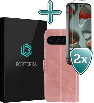 Hoesje Met 2x Screenprotector - Geschikt voor Google Pixel 9 Pro XL - Luxe Pasjeshouder - Flip Case - Bookcase Portemonee - Kunstleer Book Case - Flipcase Hoes - Book Cover - Walletcase - Portemonneehoes - Rosé goud
