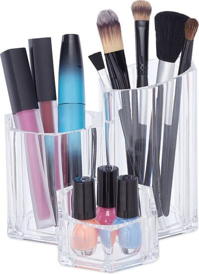 make-up kwastenhouder - 3 houders - kunststof - 12 x 13,5 x 14 cm - transparant