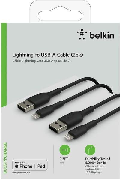 Belkin BOOST↑CHARGE - USB-A naar Lightning Kabel - 1 Meter - 12W - Zwart - 2-Pack