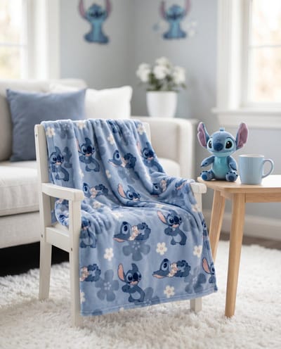 Flanel Deken Disney Stitch 130x160cm – All-Over Bloemen Blauw – 100% Polyester – Officiële Disney Licentie
