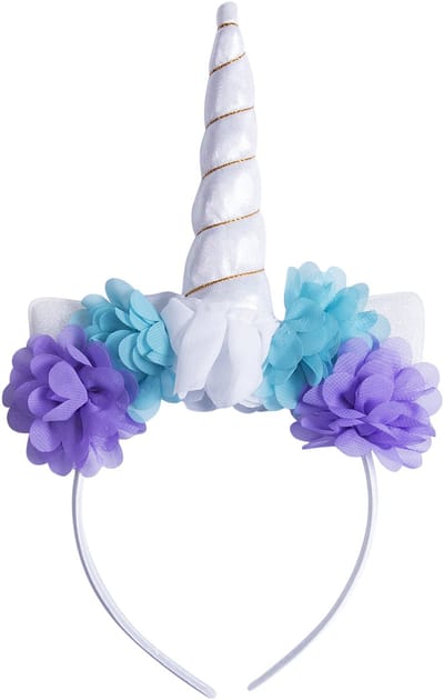 KIMU® Eenhoorn Haarband Wit Bloemetjes - Unicorn Diadeem Met Oortjes - Witte Hoorn Bloemen Paars Blauw Wit Festival