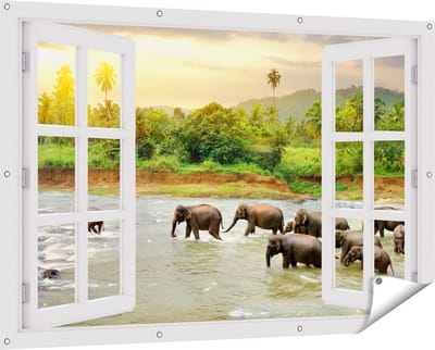 Gards Tuinposter Doorkijk Kudde Olifanten in het Water - 150x100 cm - Tuindoek - Tuindecoratie - Wanddecoratie buiten - Tuinschilderij