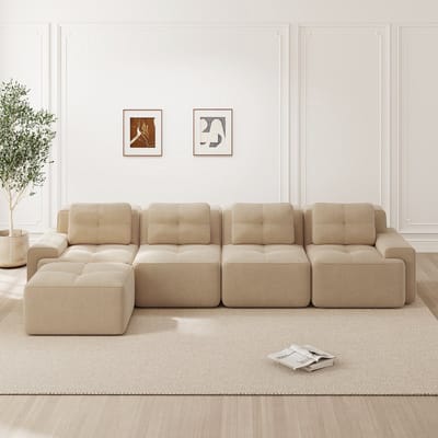 Modulaire vierzitsbank van corduroy - L-vormige hoekbank met slaapfunctie en voetenbank - geen montage nodig - corduroy stof - 382 x 177 x 69 cm - combineerbare loungebank voor de woonkamer - beige