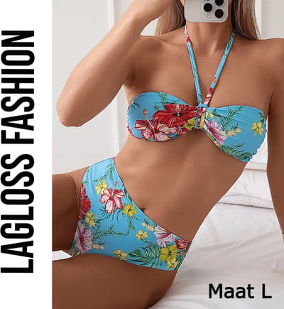 LaGloss® 2-Delige Bikini Set Blauw Tropische Bloemen – Maat L - Trendy Dames Swimsuit