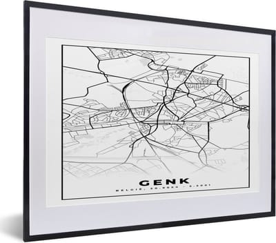 Fotolijst incl. Poster Zwart Wit- Stadskaart – Plattegrond – België – Zwart Wit – Genk – Kaart - 40x30 cm - Posterlijst