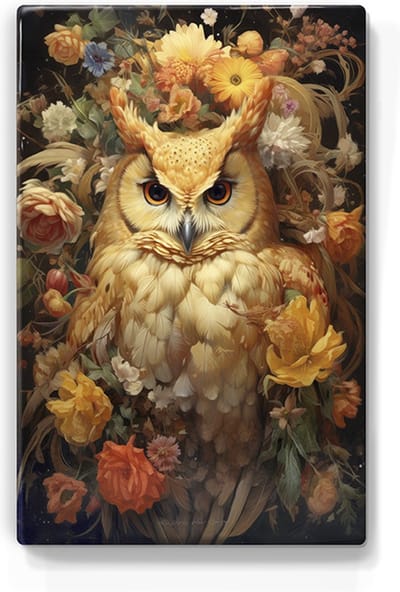 Oranje Uil met bloemen - Laqueprint - 19,5 x 30 cm - Niet van echt te onderscheiden handgelakt schilderijtje op hout - Mooier dan een print op canvas. - LP343
