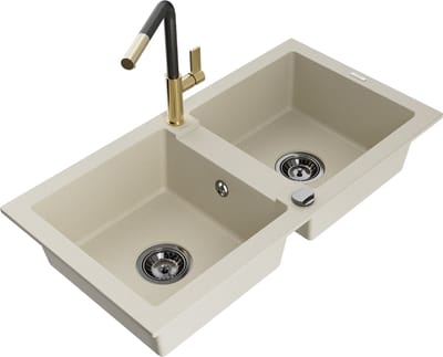 Mexen Mario granieten gootsteen 2-komorige met keukenmengkraan Flora, beige - 6504-69-670401-57-B