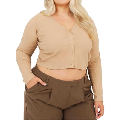 Brave Soul Dames Geribbeld V-Hals Plus Lange Mouwen Crop Top (Taupe)