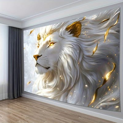 Majestiek Witte Leeuw Wandkleed, Gouden Accent Dierendruk Wandkleed, Boho Woondecoratie Voor Woonkamer Slaapkamer 130x150cm51x59in