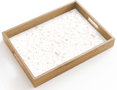 Dienblad hout 40x30 cm - Schootdienblad - Terrazzo - Patroon - Wit - Perzik - Borrelplank rechthoek - Plateau dienbladen
