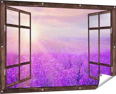 Gards Tuinposter Doorkijk Bloemenveld met Paarse Lavendel - 150x100 cm - Tuindoek - Tuindecoratie - Wanddecoratie buiten - Tuinschilderij