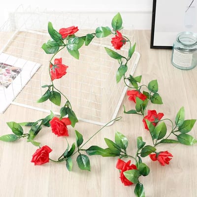 Bloemenslinger met 9 Rozen Rood - Stijlvolle Bloemenstreng voor Decoratie, Fietsmand of Stuur - 240 CM Bloemen - Plastic Kunstbloemen Fiets Slinger