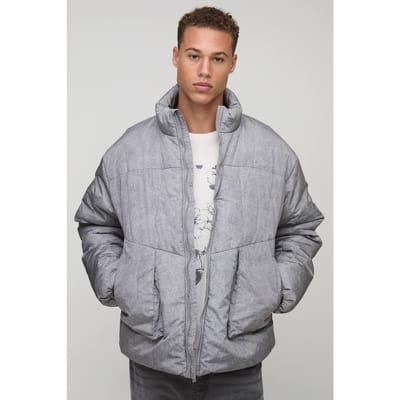 Hoge Oversized Pasvorm Gewassen Nylon Gewatteerde Trechterkraag Pufferjas | Grey | Size Small