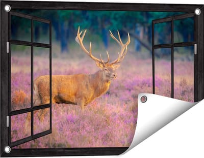 Gards Tuinposter Doorkijk Hert in de Weide tijdens Zonsondergang - 60x40 cm - Tuindoek - Tuindecoratie - Wanddecoratie buiten - Tuinschilderij
