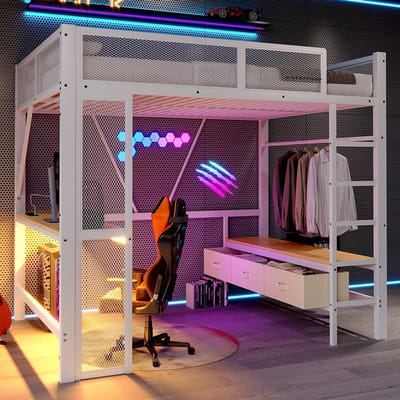 YEHTOKHOME 140x200 cm Metalen Hoogslaper met Opbergruimte - met Bureau - LED-verlichting - USB en stopcontact - Drie stoffen lades - Open kledingkast - Zonder matras - Wit