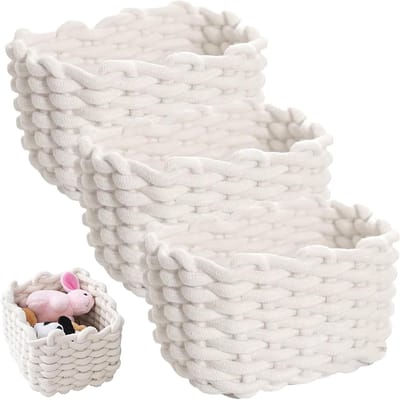 Thijox - 3 Stuks Gevlochten Katoenen Opbergmanden - Decoratieve Witte Mand voor Kasten, Keuken, Bureau, Make-uptafel - 18 x 14 x 13 cm - Organiseren v