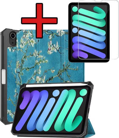 Hoesje - Geschikt voor Apple iPad Mini 7 (2024) - 8.3 inch - 7e Generatie - Met Screenprotector - Trifold Bookcase Hoes - Hard Cover Case - Met Uitsparing Geschikt voor Apple Pencil - Hardcover Book - Tablethoes - Bloesem