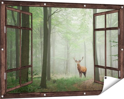 Gards Tuinposter Doorkijk Hert in Bos - 120x80 cm - Tuindoek - Tuindecoratie - Wanddecoratie buiten - Tuinschilderij