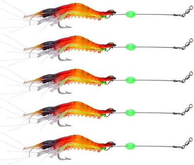5 Stuks Zacht Garnalen Lokaas met Vishaak en Lichtgevende Kralen - Visaas voor Forel, Zeebaars & Zalm