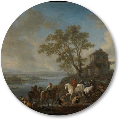 Paardenwed bij een rivier - Muurcirkel Forex 40cm - Wandcirkel voor binnen - Philips Wouwerman - Meesterwerken